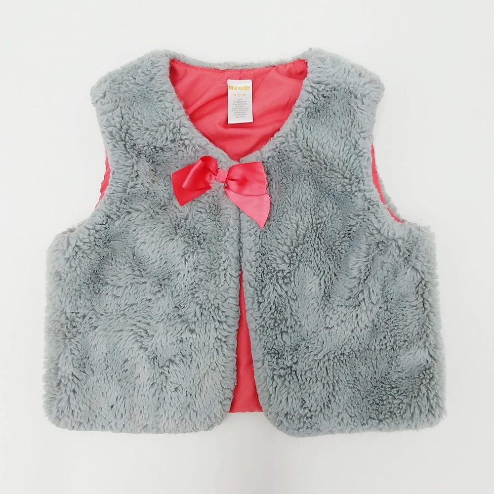 Gymboree Grey Faux Fur Vest Pink Ribbon